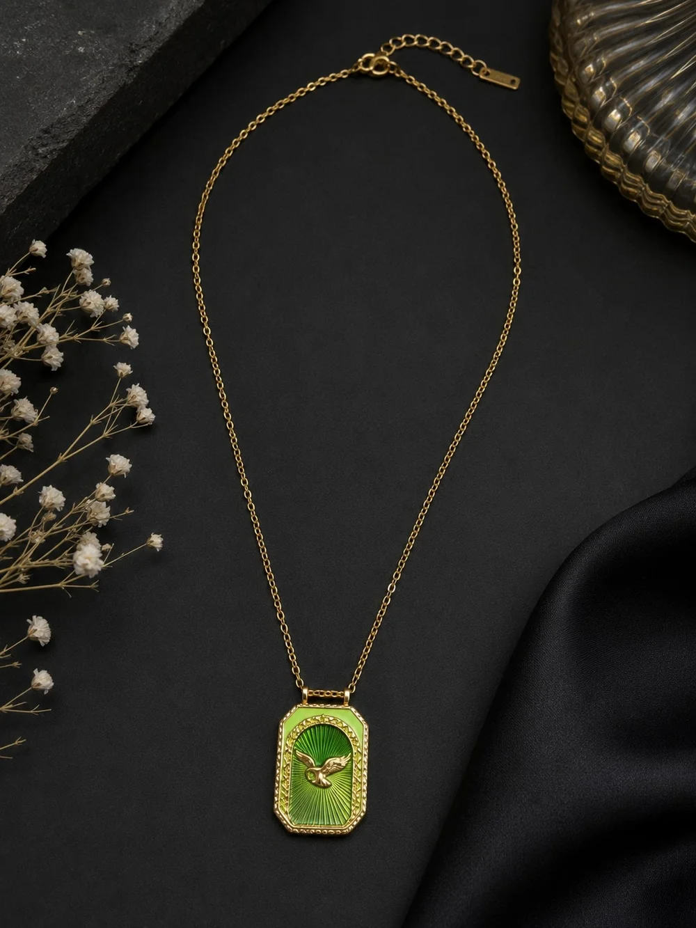 Gold Plated Green Enamel Bird Pendant Necklace